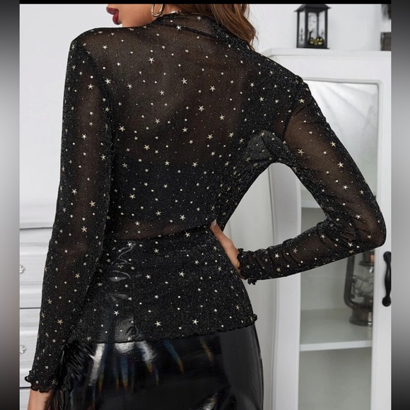 Star mesh shirt top blouse sheer transparent sexy black gold star sequins - Picture 4 of 7
